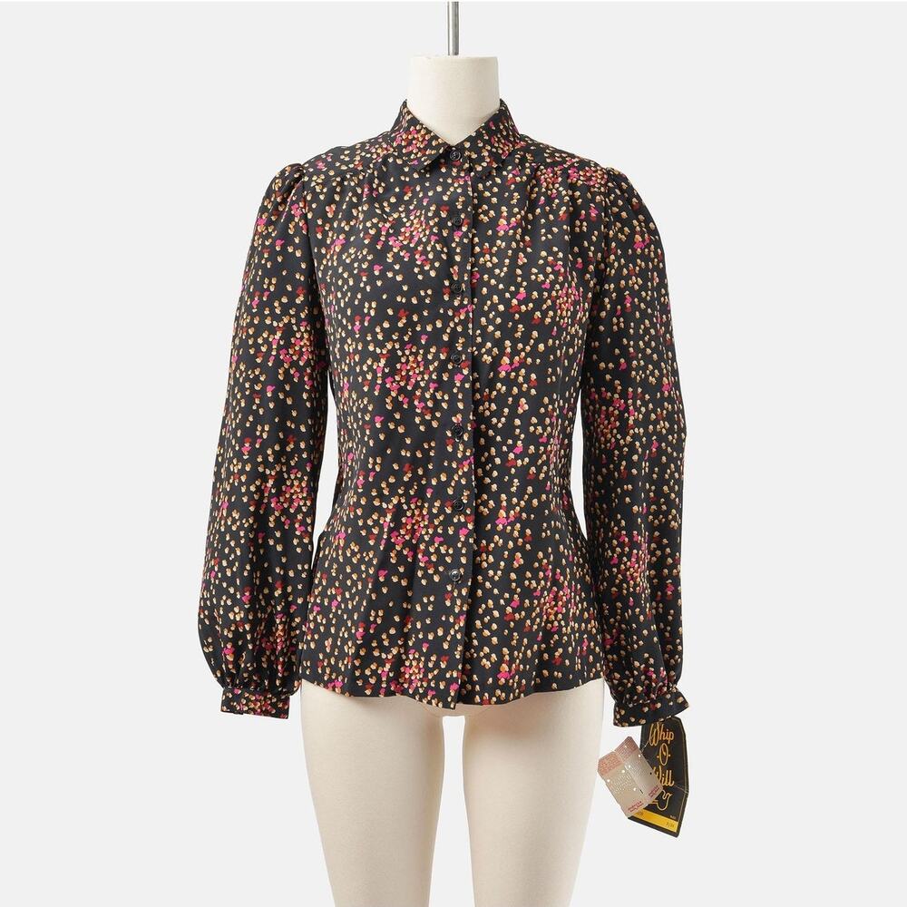 Vintage 70s Black Spotted Blouse Collared Puff Sleeve Button Down Shirt S M